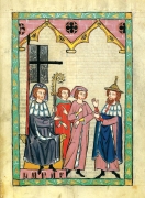 Illustration from Codex Manesse with four figures. Three figures on the left stand near a flag with a cross, figure on left has a hat and beard.